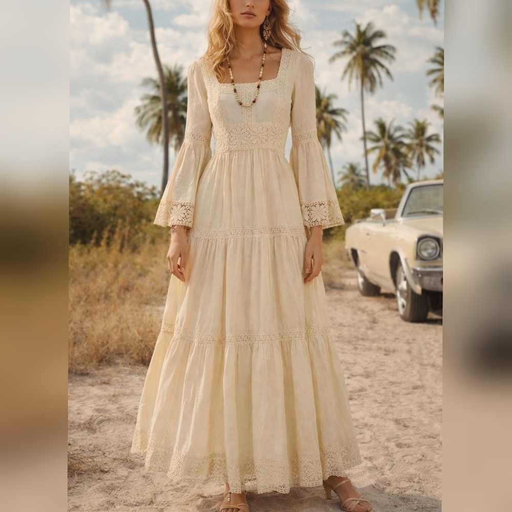 Victor Costa Neiman Marcus Vintage 70s Ivory Lace Boho Maxi Dress sz 6